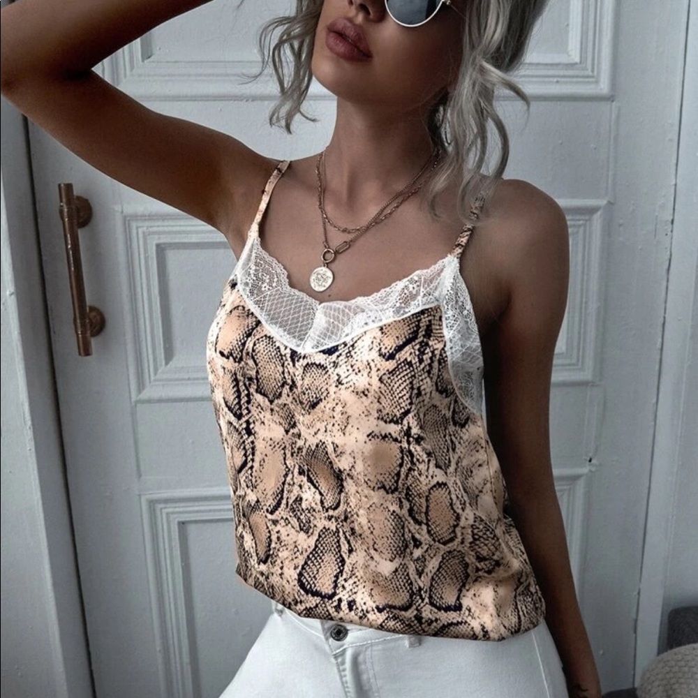 Snake Print Lace Trim Cami Top - Beige